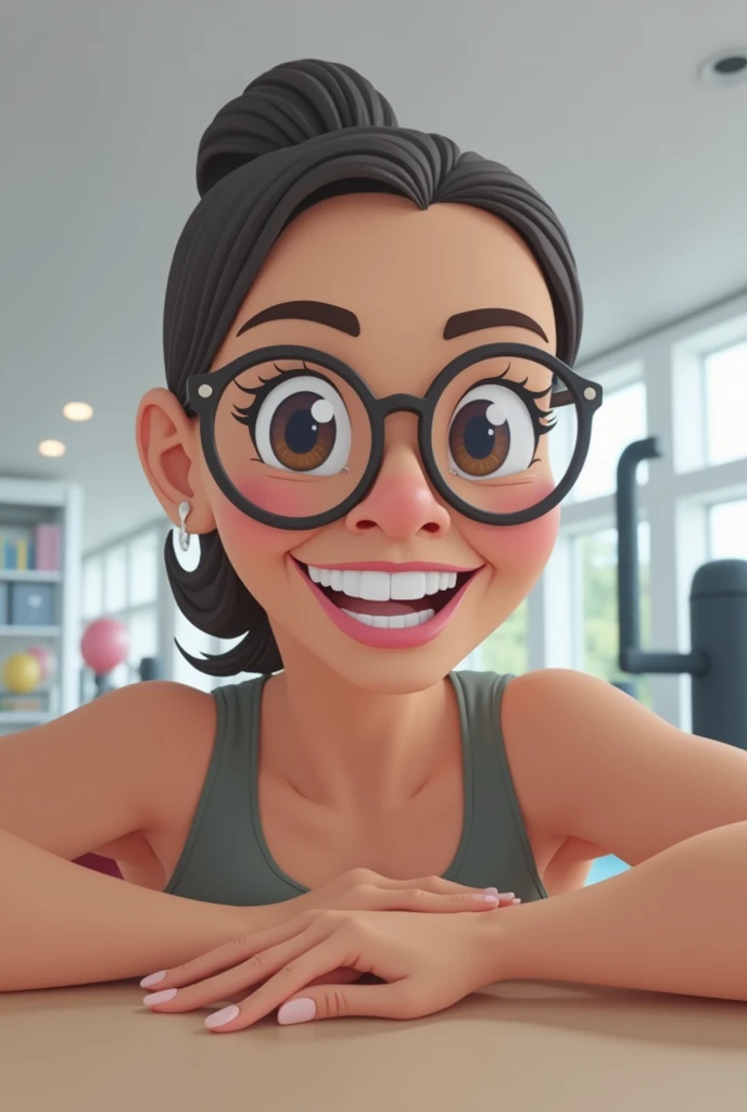 Cartoon character of A WOMAN APPROXIMATELY 4, ROUNDED GLASSES WITH DARK FRAME, MEDIUM DARK HAIR, DARK BROWN EYES YELLOW, skin fair, pink lipstick, round face, in the background a gym