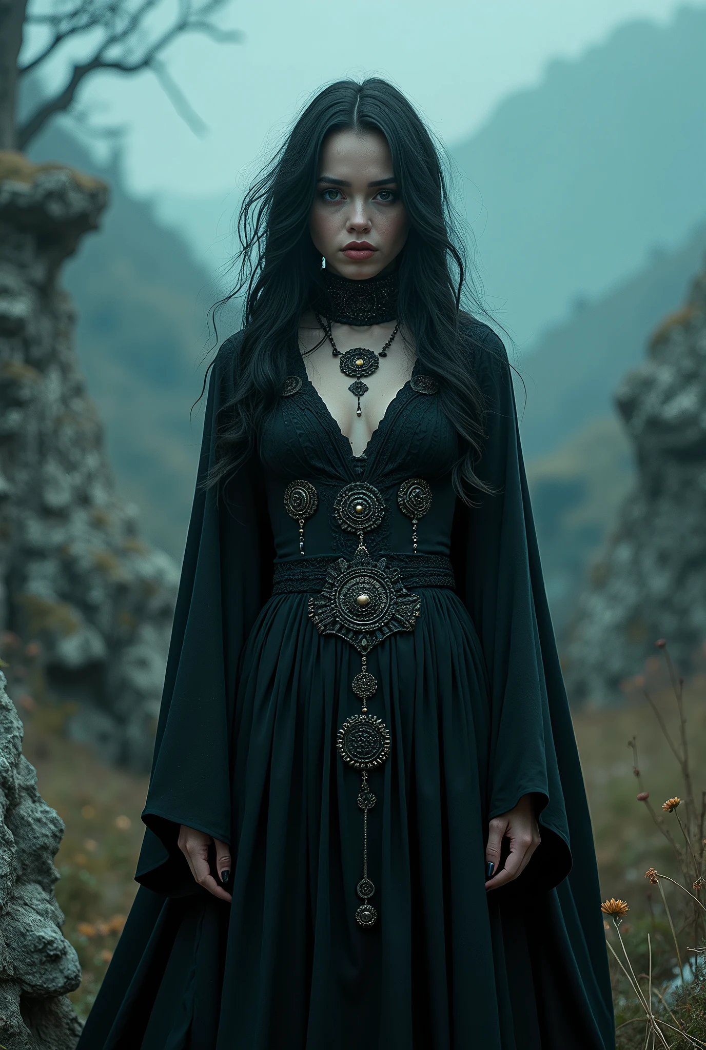 (best qualityer,32 mil,High definition,4x ,ultra sharp, high resolution, proffesional) ,cinematographic, horor,  Fisheye photography:1.6,1 beautiful gothic girl, witch, demonic, medieval clothes, black, circles, fractals,(black outline art), colors, land, Cyan, yellow, Unripe. magenta, violet, Cyan, High definition