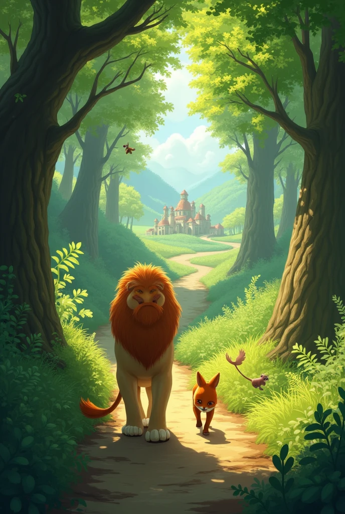 **Journey to the Village**: The lion and fox walking together towards a distant village, with lush trees on either side.