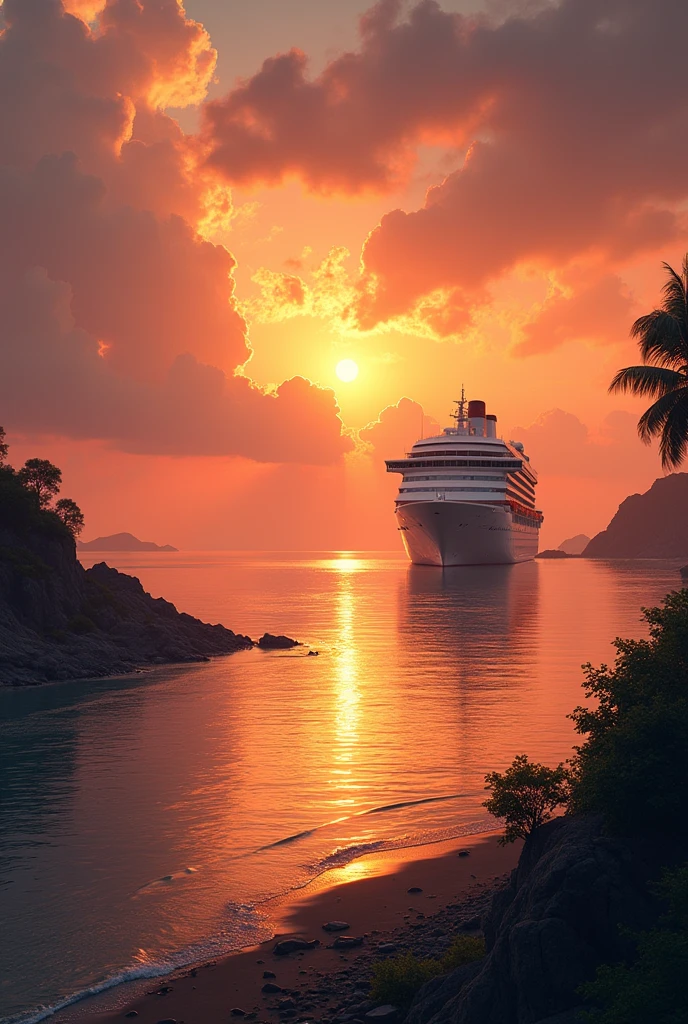 sunset shore with cruise ship