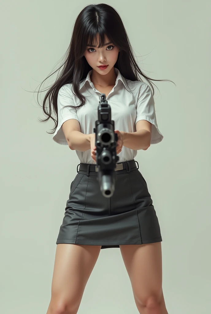 beautiful sweet big eyes office lady japanese white shirt low mini skirt standing legs open wide spreading full portrait holding rifle gun pointing at you front facing aiming at you