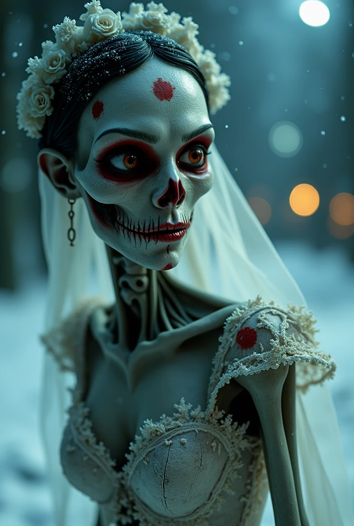 Generate a Masterpiece Corpse Bride Image, High quality animation, realistic aesthetic photo, (HDR:1.2), porous and detailed, intricate and detailed textures, scary and beautiful horror story content, foto RAW, 16K, sharp focus, cinematic lighting, ((night of shimmering)), (from front view), bride dressed in a wedding dress, Bride, skeletor, red spots in the snow, dark and cold look of the night sliding in the snow, arte de glass, glass.. the background must convey terror