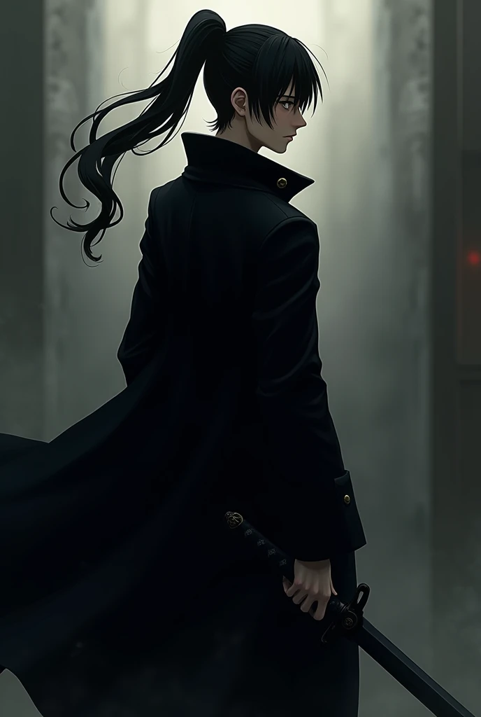 Create an anime style character, with a black overcoat, a black ponytail hair, with the locks passing over the right shoulder, and holding a sword in his right hand