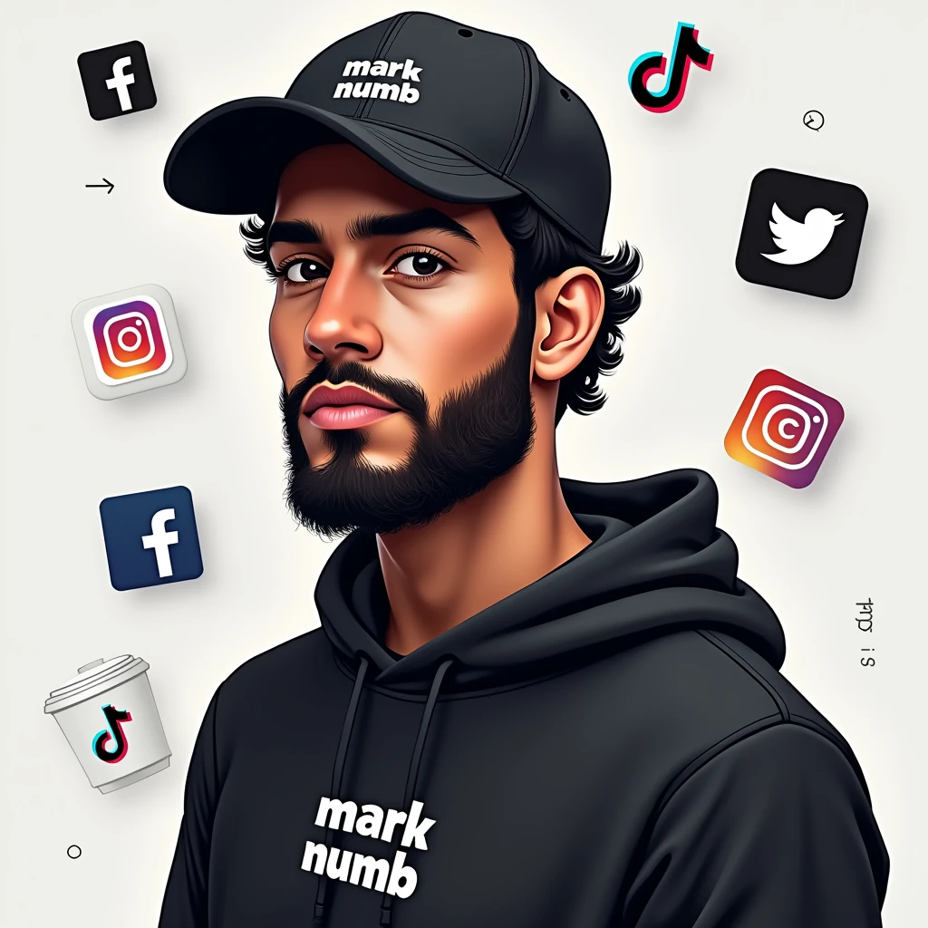 Create a social media profile photo for A young man with a beard and black basketball hat with the logo "Mark Numhb " with Facebook icon,Twitter icon ,Instagram icon ,twitter icon and tiktok icon where the person completes the design and puts them Vectors, Vector T-shirts, Vector Cups, Vector sticker,Vector Caps and Vector Hoodies Sell online 