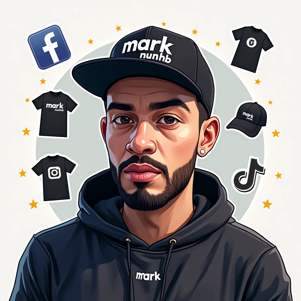 Create a social media profile photo for A young man with a beard and black basketball hat with the logo "Mark Numhb " with Facebook icon,Twitter icon ,Instagram icon ,twitter icon and tiktok icon where the person completes the design and puts them Vectors, Vector T-shirts, Vector Cups, Vector sticker,Vector Caps and Vector Hoodies Sell online