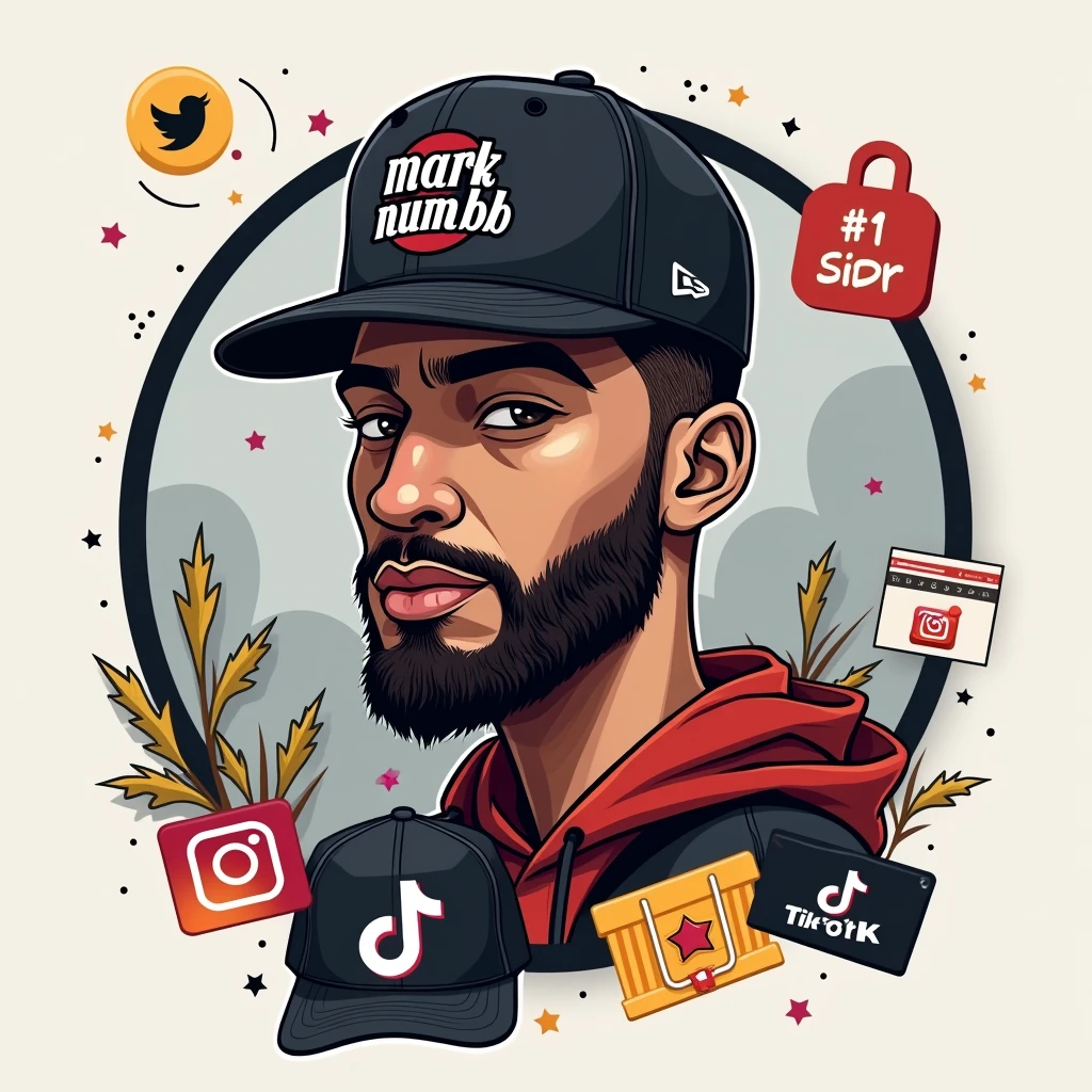 Create a social media profile photo for A young man with a beard and black basketball hat with the logo "Mark Numhb " with Facebook icon,Twitter icon ,Instagram icon ,twitter icon and tiktok icon where the person completes the design and puts them Vectors, Vector T-shirts, Vector Cups, Vector sticker,Vector Caps and Vector Hoodies Sell online 