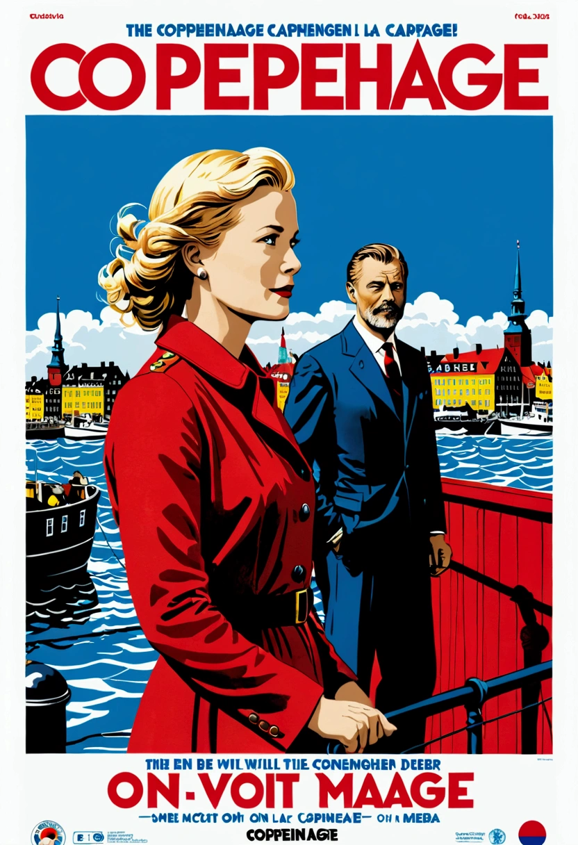 Affiche de film ou l'on voit Copenhague depuis la mer. The title of the poster will be COPENHAGEN and will be red in color.