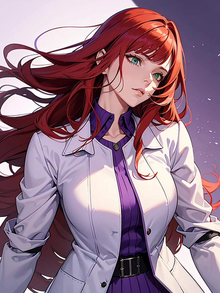 green eyes, red hair with long bangs, noble. sadistic women, wavy long hair. strong woman. purple outfit. she quiet. wear purple t shirt and white jacket. background in lab. she is a scientist