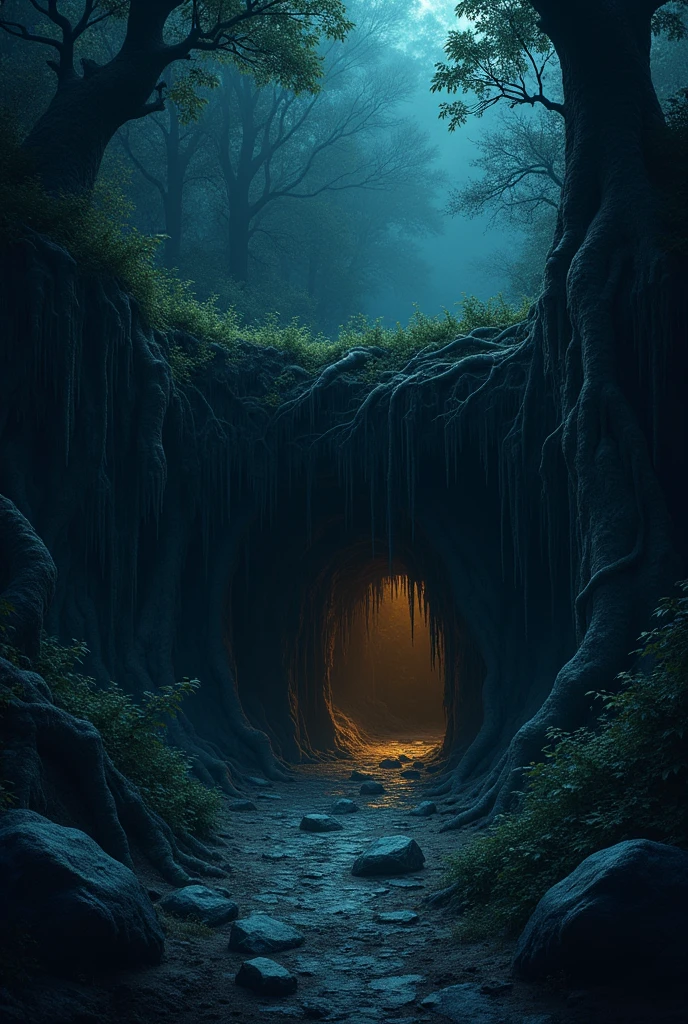 Small secret cave at night horror mystery