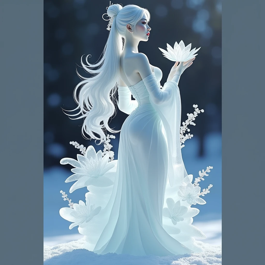 (ice - carving:1.4),Film viewing angle,(Fan Bingbing, Ice Sculpture Girl,Anatomically correct,full body, lesbian,Masterpiece ice sculpture Camellia,Representative work of Hanfu,smile,sexual,full body art,traditional art,erotic art,Queen of Arts,Amazing Body Art,Amazing style of hearing,traditional japanese girls,Japanese Female Geisha, Japanese works of art,full, jewelry art,full body art style)