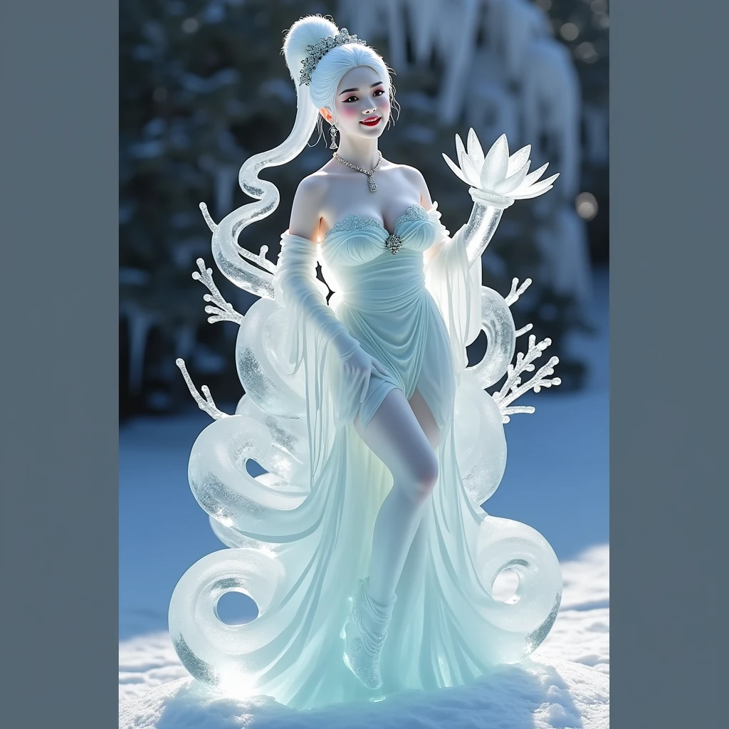 (ice - carving:1.4),Film viewing angle,(Fan Bingbing, Ice Sculpture Girl,Anatomically correct,full body, lesbian,Masterpiece ice sculpture Camellia,Representative work of Hanfu,smile,sexual,full body art,traditional art,erotic art,Queen of Arts,Amazing Body Art,Amazing style of hearing,traditional japanese girls,Japanese Female Geisha, Japanese works of art,full, jewelry art,full body art style)