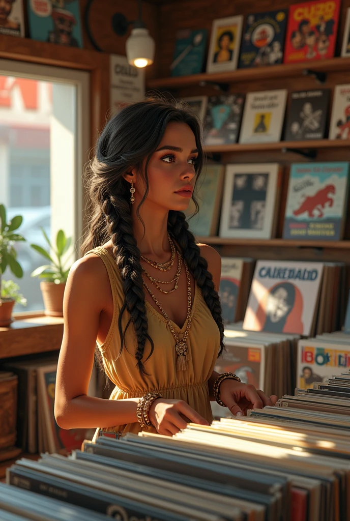 a girl, has tanned skin, hair all braided, she owns a vinyl store 