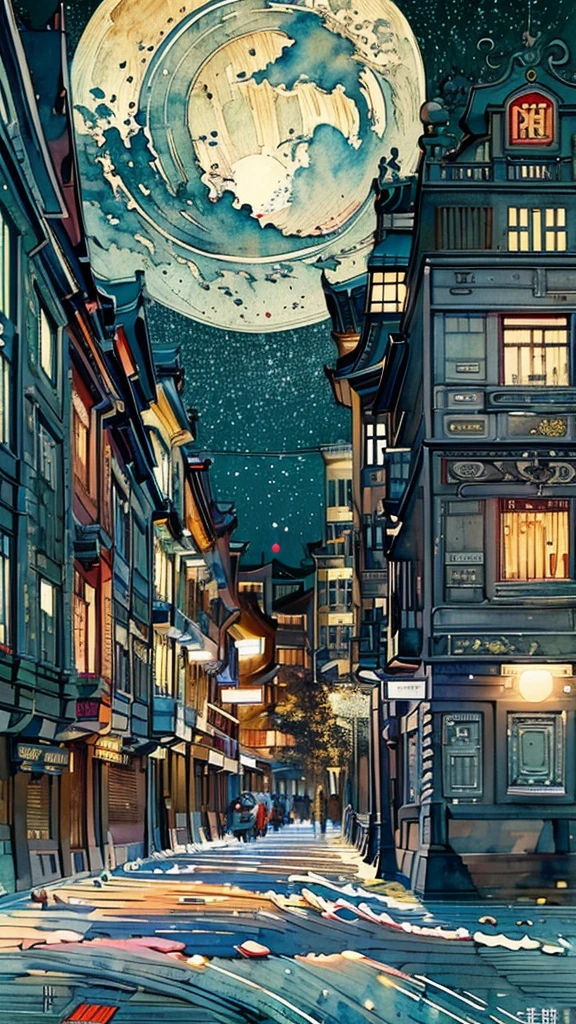 masterpiece, best quality, illustration, watercolor, ink，台北半夜night的乾淨巷子有一人站在巷子中央, street:1.5,night，Late Night，full moon in night sky