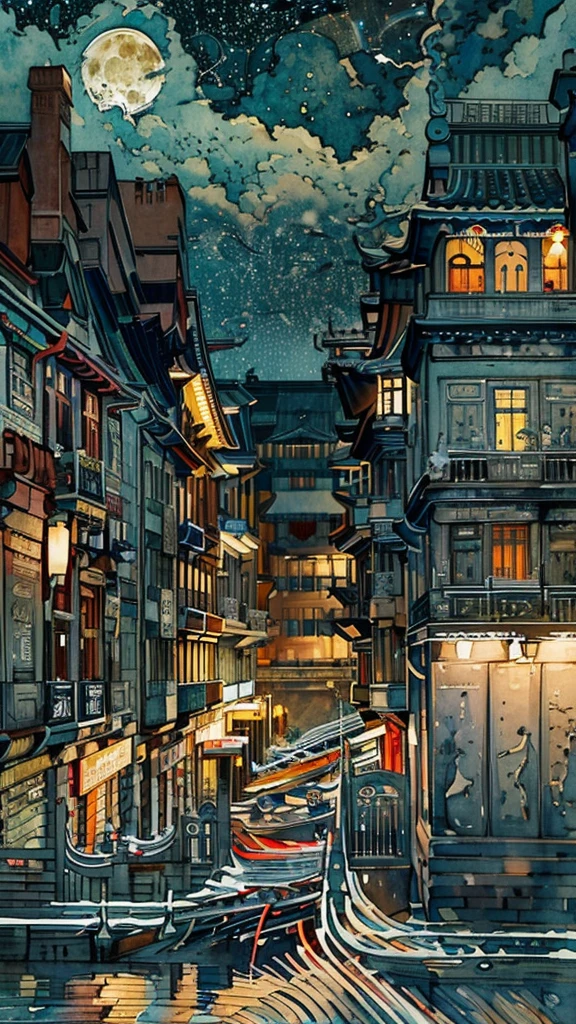 masterpiece, best quality, illustration, watercolor, ink，台北半夜night的乾淨巷子有一人站在巷子中央, street:1.5,night，Late Night，full moon in night sky