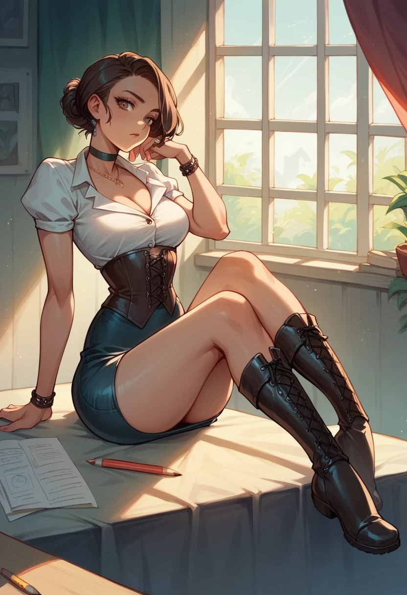 Mediterranean brunette with slim waist and thick curves wearing a corset with pencil skirt and knee boots and choker necklace.
