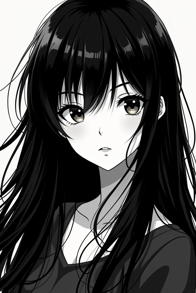 long black hair girl face anime manga style 2d in black and white
