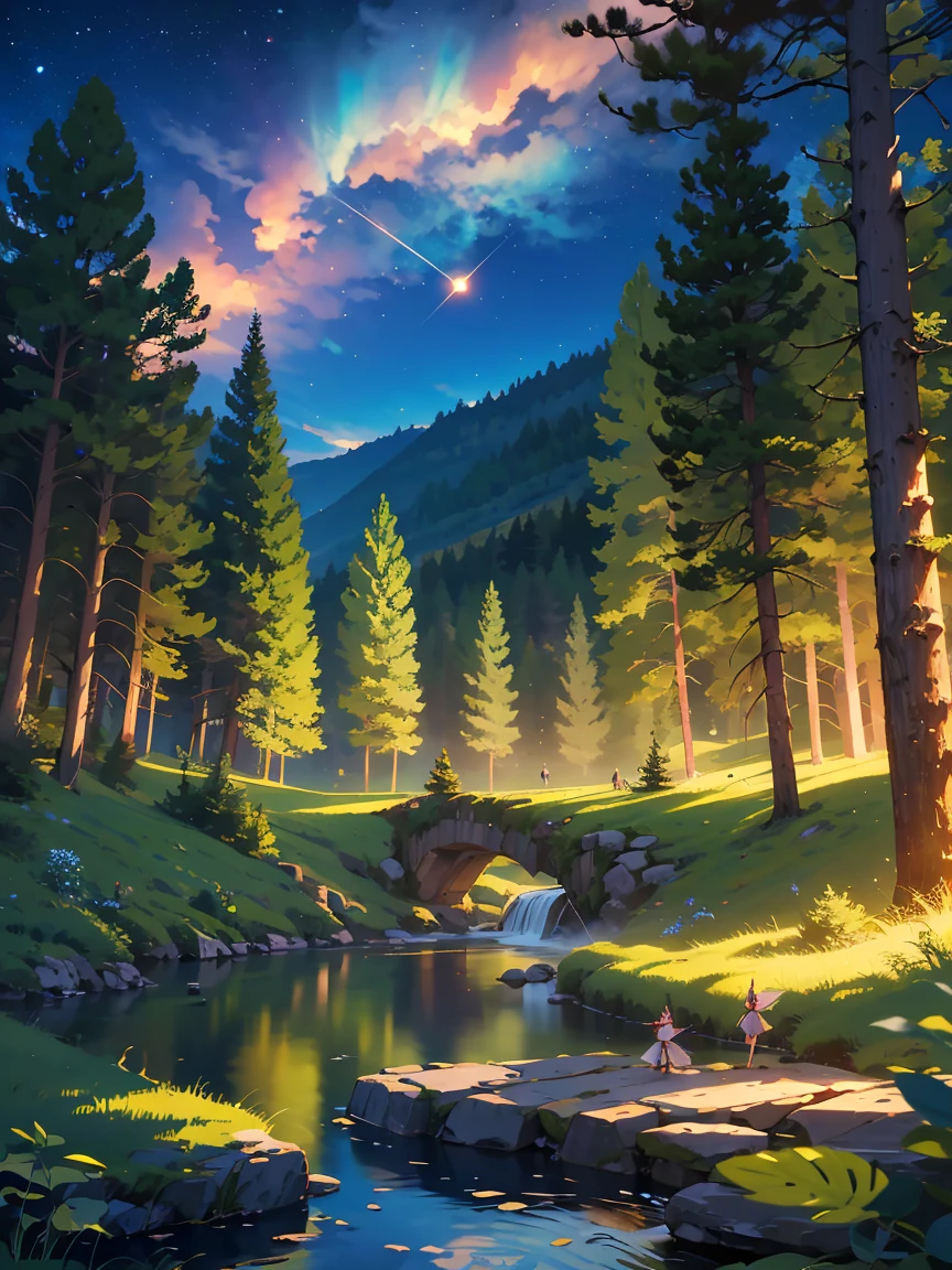 A large pine forest with fairies and nymphs flying around a large lake and a very starry sky