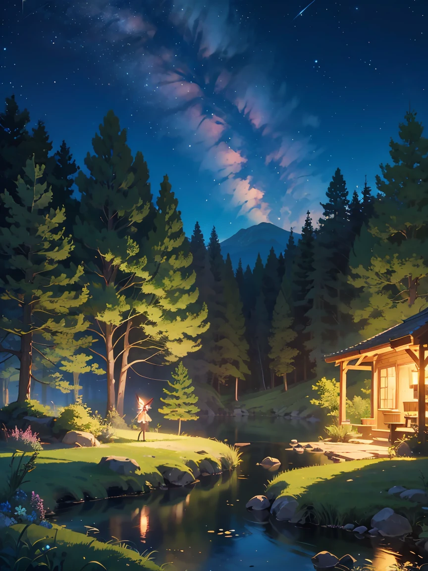A large pine forest with fairies and nymphs flying around a large lake and a very starry sky