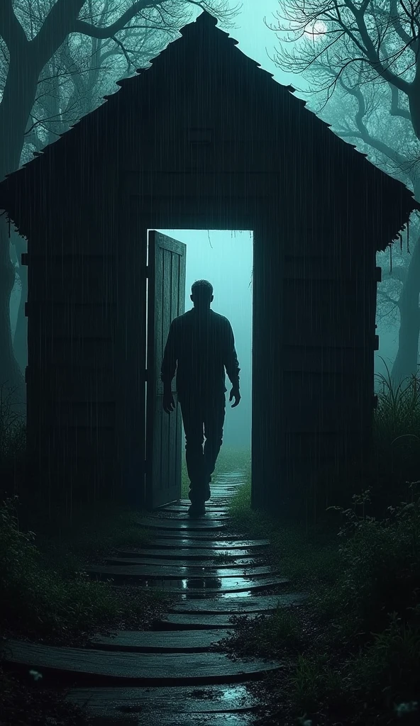 Man opens door of abandoned wooden house in the woods in the middle of the night while it is raining