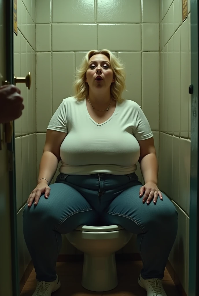 Understall view of a chubby Blonde Woman in a crop top on the toilet, her bare ass pressed against the seat. Her face is straining as she keeps farting uncontrollably and looks uncomfortable, unaware that you can see her, or hear and smell her farts