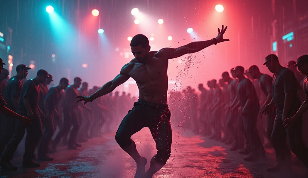 Astonishingly Beautiful Cyberpunk 19 year old skinny  twink boy Justin Bieber, gracefully strip dancing shirtless and barefoot surrounded by an audience of lusting nudists in a cyberpunk mega structure at midnight. Sleight build. (Provocative risqué Cyberpunk gay pride style.) Salacious arousing pose. Award-winning Avant-garde picture. Very beautiful people in the crowd. Debauchery. Faces in ecstasy 