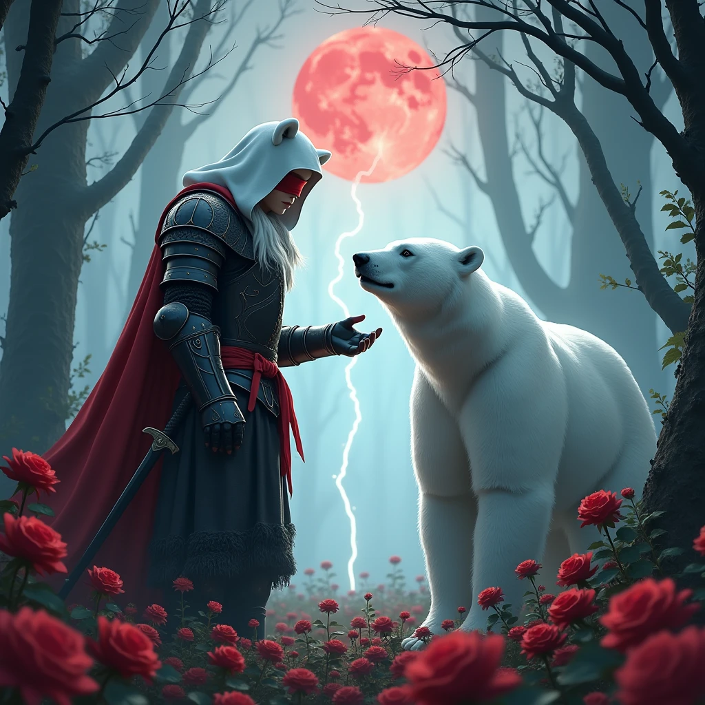 Male knight with a white hood with bear ears with sword behind his back sits towards a polar bear in a forest while the moon shines, many Roses cover the ground and lightning falls from the sky. The polar bear has black eyes and a calm appearance. Only the man wears a red blindfold. In the background of the picture is the blood moon. The forest is full of trees with leaves. The armor of the man is black with red roses on it. The knight is holding his hand to the polar bear.