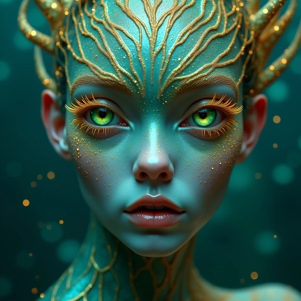 close-up on the face of an otherworldly sea creature, half-human and half-aquatic entity. Her skin shimmers with an iridescent turquoise and gold scale-like texture, each minute scale catching and refracting light in mesmerizing patterns. Delicate, raised golden lines trace intricate patterns across her forehead and cheekbones, forming a living, glistening crown.Her eyes are the focal point - large, almond-shaped, and an impossible shade of vivid emerald green. The irises seem to swirl with depth, hinting at ancient, unknowable wisdom. Long, sweeping eyelashes frame these captivating eyes, each lash coated in a fine dusting of golden sparkles.Tiny water droplets cling to her skin, creating a constellation of liquid diamonds that enhance the ethereal glow emanating from within. Her lips, slightly parted, are a soft pink, providing a striking contrast to the cool tones of her skin.Framing her face are tendrils of what appear to be living seaweed or fine, aquatic tentacles. These strands move with a life of their own, shimmering in shades of teal, gold, and deep ocean blue. Some tendrils are adorned with tiny, bioluminescent creatures that pulse with gentle light.The background is a soft blur of deep oceanic blues and greens, suggesting the depths of an alien sea. Occasional flashes of bioluminescence dance in the periphery, hinting at unseen wonders beyond the frame.The lighting is soft yet complex, as if filtered through layers of water, creating an interplay of shadow and shimmer across the creature's face. The overall effect is one of beauty so strange and captivating that it borders on the surreal, inviting the viewer into a world of aquatic magic and mystery. 8k, Intricate details, depth of field, sharp focus, Cinematic clinical lighting, Deep Focus, f/22, Cinematic film still, shot on RED DIGITAL CINEMA KOMODO-X 6K, film grain, color graded, post-processed, cinematic lighting, 35mm film, best quality.