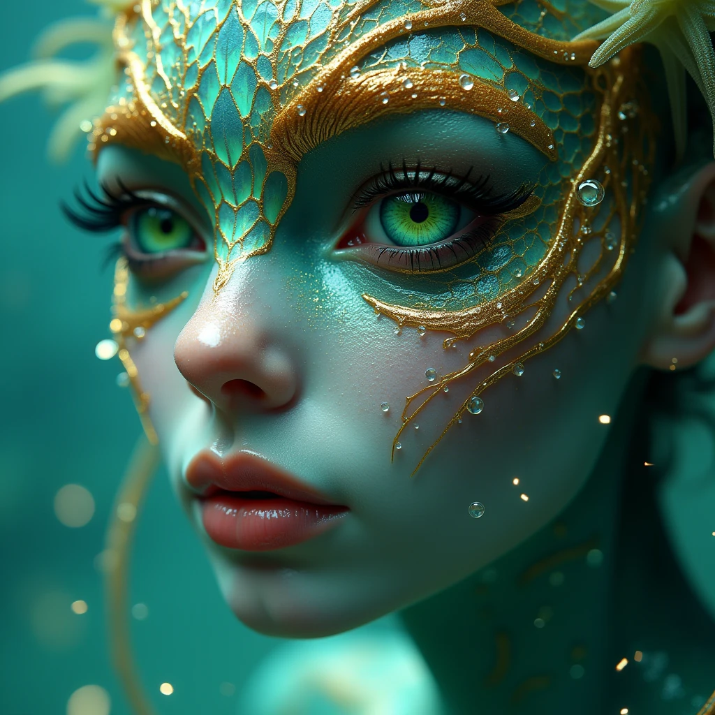 close-up on the face of an otherworldly sea creature, half-human and half-aquatic entity. Her skin shimmers with an iridescent turquoise and gold scale-like texture, each minute scale catching and refracting light in mesmerizing patterns. Delicate, raised golden lines trace intricate patterns across her forehead and cheekbones, forming a living, glistening crown.Her eyes are the focal point - large, almond-shaped, and an impossible shade of vivid emerald green. The irises seem to swirl with depth, hinting at ancient, unknowable wisdom. Long, sweeping eyelashes frame these captivating eyes, each lash coated in a fine dusting of golden sparkles.Tiny water droplets cling to her skin, creating a constellation of liquid diamonds that enhance the ethereal glow emanating from within. Her lips, slightly parted, are a soft pink, providing a striking contrast to the cool tones of her skin.Framing her face are tendrils of what appear to be living seaweed or fine, aquatic tentacles. These strands move with a life of their own, shimmering in shades of teal, gold, and deep ocean blue. Some tendrils are adorned with tiny, bioluminescent creatures that pulse with gentle light.The background is a soft blur of deep oceanic blues and greens, suggesting the depths of an alien sea. Occasional flashes of bioluminescence dance in the periphery, hinting at unseen wonders beyond the frame.The lighting is soft yet complex, as if filtered through layers of water, creating an interplay of shadow and shimmer across the creature's face. The overall effect is one of beauty so strange and captivating that it borders on the surreal, inviting the viewer into a world of aquatic magic and mystery. 8k, Intricate details, depth of field, sharp focus, Cinematic clinical lighting, Deep Focus, f/22, Cinematic film still, shot on RED DIGITAL CINEMA KOMODO-X 6K, film grain, color graded, post-processed, cinematic lighting, 35mm film, best quality.