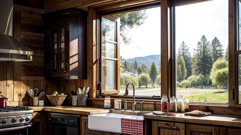 Western country kitchen　The table has a red gingham checked tablecloth　The pot on the fire is boiling　The window offers a view of nature　There are birds perched on the tree that can be seen from the window.