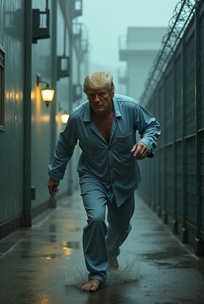 Donald trup weared pajama and escaping prison while raining