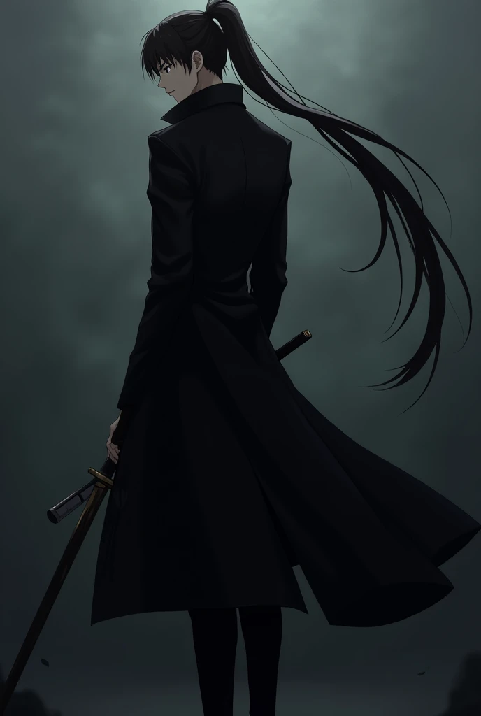 Create an anime style character, with a black overcoat, a black ponytail hair, with the locks passing over the right shoulder, and holding a sword in his right hand