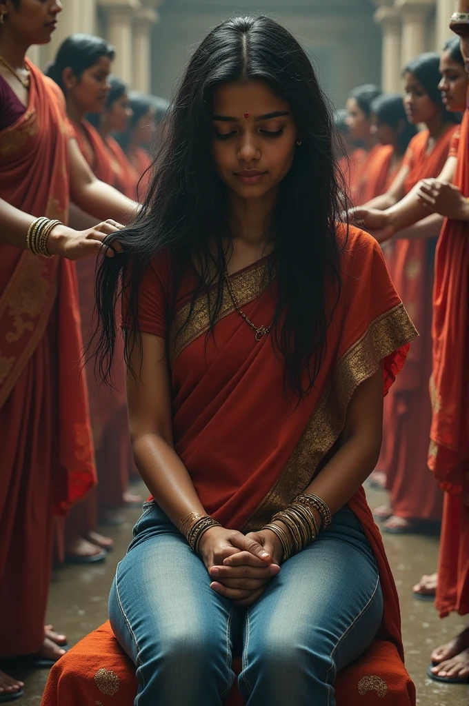 A beautiful Indian girl wearing Indian top and jeans with thick black hair upto her shoulders sitting in front of the barber and forced to get her head tonsure in a temple where a queue of women with wet hair standing to get their heads tonsure in a temple in india