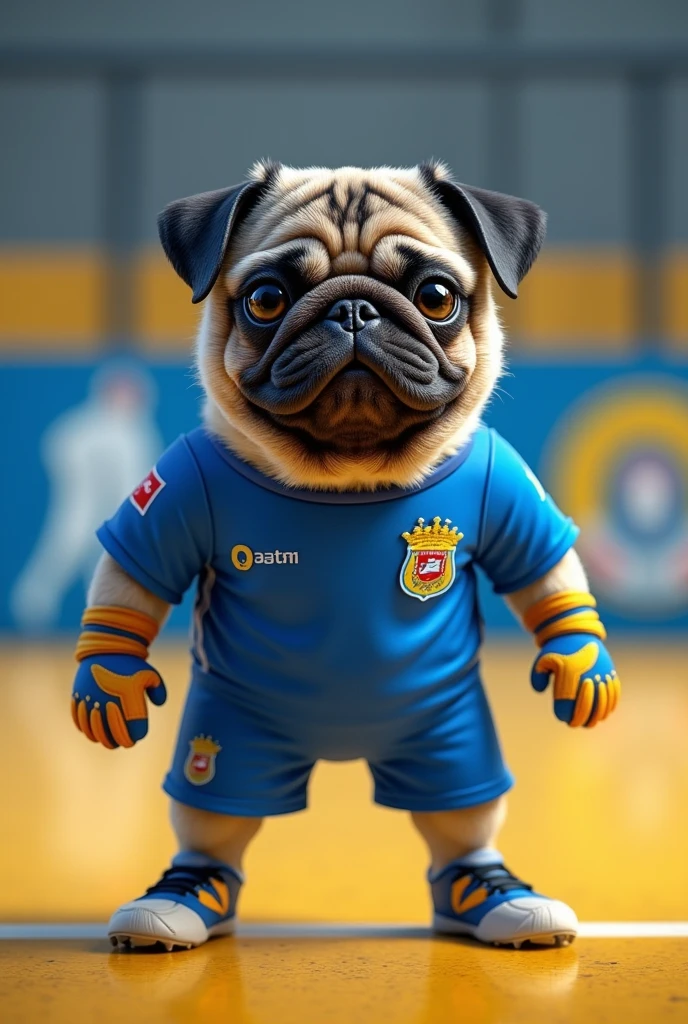 a pug dog futsal goalkeeper of São Paulo Futebol Clube with blue uniform.
