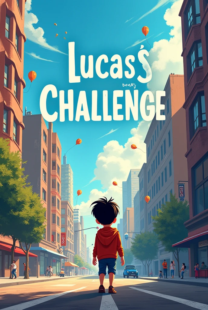 Make me a cover that is about a child, it is called Lucas's challenge and that has the title in the image that is in a city
