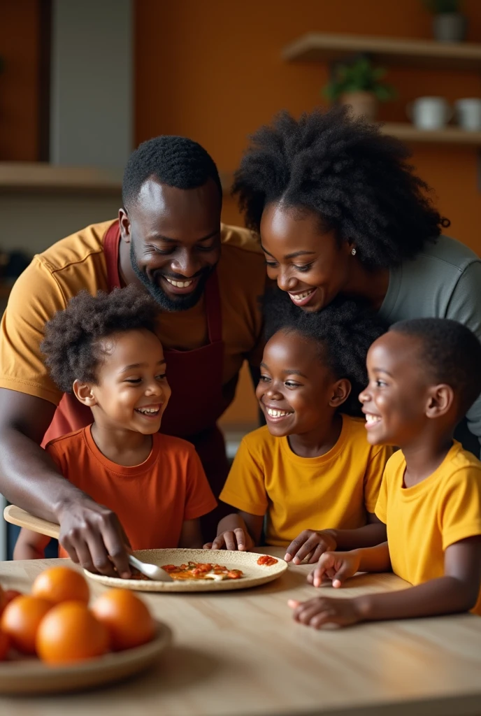 Create a highly realistic image of a joyful black family inside a modern kitchen. The family consists of a father, mother, and three children (two boys and one girl). The children are sitting at the kitchen counter, eagerly waiting for the meal, wearing t-shirts in burnt orange and mustard yellow. The parents, dressed in brown, red, and black shirts, are happily cooking together, sharing a moment of joy. The kitchen should be modern and warm, with decor in deep oranges, warm yellows, and earthy browns, reflecting a cozy and welcoming atmosphere. Ensure the scene captures the warmth and happiness of the family as they prepare and anticipate a meal together.