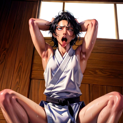 ((((masterpiece, best quality, high resolution)))), Extremely detailed 8K, 1 female, wearing a white Karate gi, (ahegao),white eyes, Small breasts,full body, kneeling, tired, (muscle:1.4), japanese clothes,  No underwear,No eyeballs, Facing the audience, looking at the audience, tired, from below, (Exposed armpit:1.1), ((armpit:1.2)), sexy, Sweating, More and more sweat,(ahegao), (Roll your eyes),  open mouth, Sticking out tongue, saliva, Slobber,Skinny, raise arms, (arms above head:1.5)(Ultra HD, Ultra-detailed, Highly detailed, Highly realistic, Ultra-realistic, photograph realistic), (1girl:1.5), (Realistic black hair), (dynamic poses), facing at camera, looking at viewer, (slightly serious face), (perky breasts:1.2), (beautiful detailed face, beautiful detailed eyes), ((worn out karate gi)), (preparing for a fight), sweat, glow, (sunbeam, sunlight), ((cowboy shot)), inside a training gym, seductive, EnvyBetterHands LoCon,