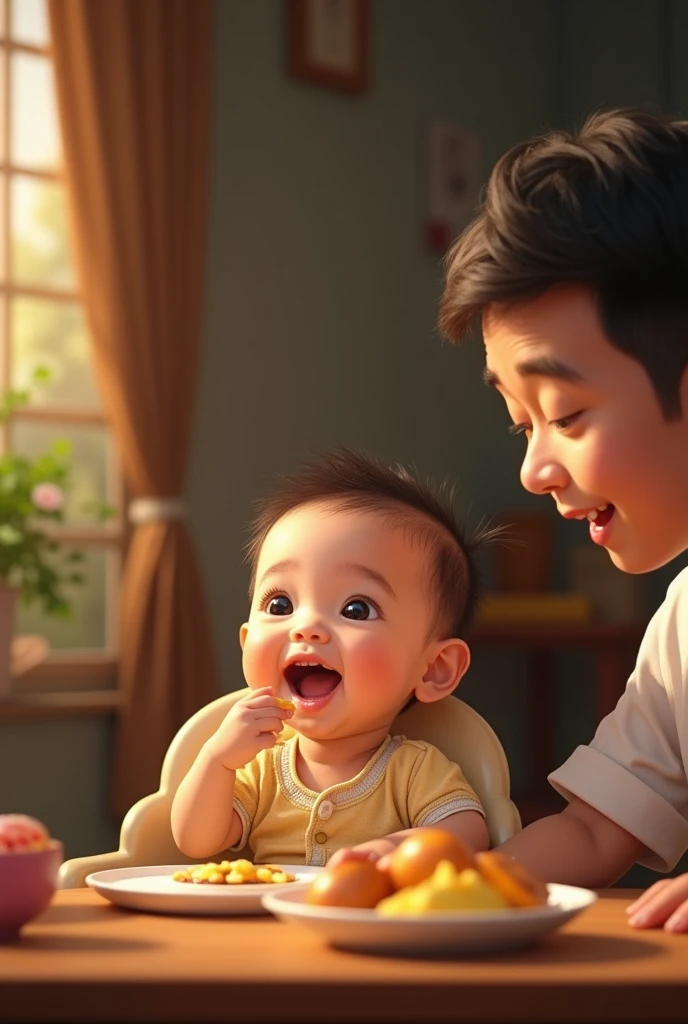 an indonesian celebrating her 6 monttting in a baby chair receiving her first solid meal. the baby is quite haiLook happy and delightful. Beside him a man of 50 years old, little bit fat, clean shaved. The man wearing a black specific Indonesian cap called peci. Photo realistic UHD image