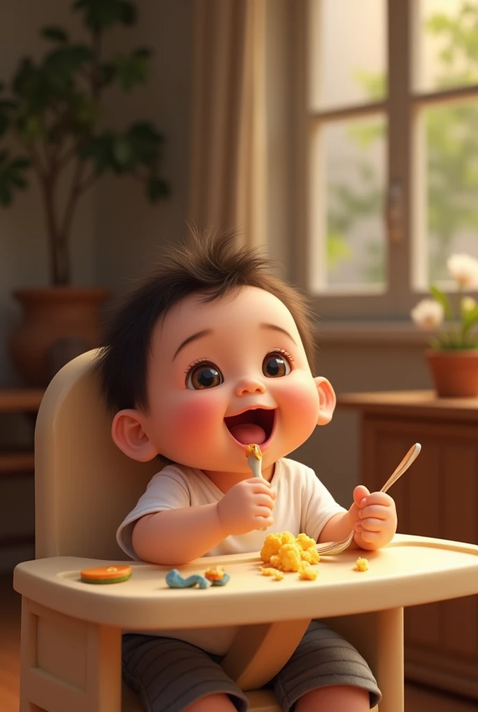 an indonesian baby celebrating her 6 month old age, sitting in a baby chair receiving her first solid meal. the baby is quite hairy. Look happy and delightful. Beside him a man of 50 years old, little bit fat, clean shaved. The man wearing a black specific Indonesian cap called peci. Photo realistic UHD image
