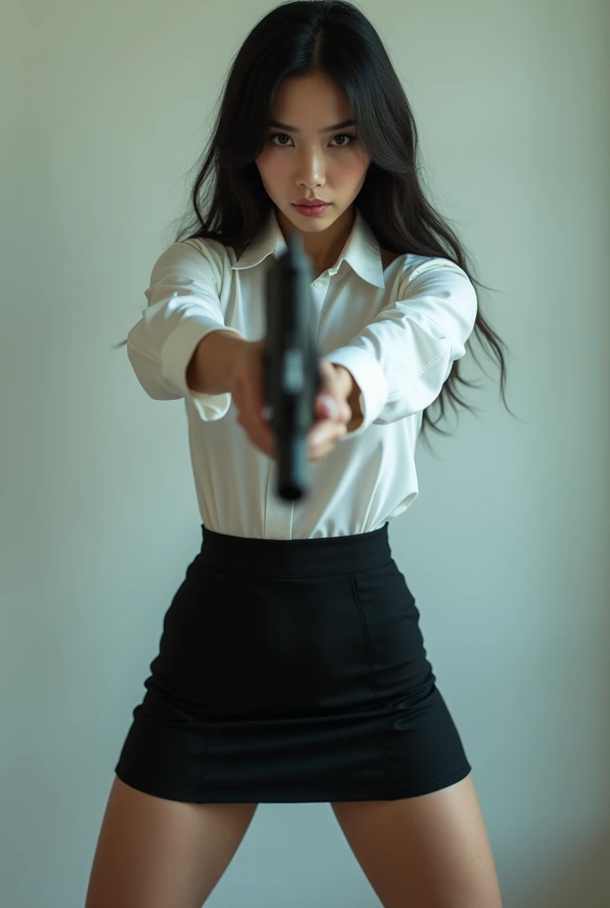 real beautiful sweet big eyes office lady japanese white shirt low mini skirt standing legs open wide spreading full portrait holding rifle gun pointing at you front facing aiming at you
