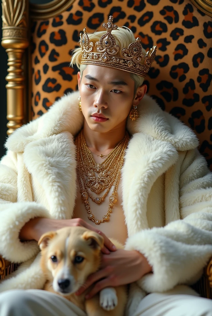 ((whole body)), ((head to leg)), ((all the body)), ((from below)),1asian girl,alone, ((stand up, leaning on ledge)), ((lean forward)), ((The features are clear, clear face, clear face)), handsome young Korean boy, young prince face, realistic, real,8k, clean, young Korean boy with a blonde gorgeous hair, pale skin, his face is also very handsome and young. sexy, he has a muscle body. wearing huge white fur coat, big crown, fur coat covering all the body, wearing big fluffy fur, sitting on leopard fur throne, throne covered with leopard fur coat, on the fur mug, gold necklaces, alots of gold jewerly, white skin, prince handsome gorgeous, bite lip, Simple and casual scene, Very detailed, Ultra-clear, best quality, official art, exquisite earrings, exquisite necklace, Very detailed description, , Sophisticated functionality, elegant, , Super fine details, masterpiece, Authentic texture, Realistic movie lighting, masterpiece, best quality, wearing huge white fur coat, many jewelry, alots of gold jewelry, every finger has golden rings, her sexy leg , she wearing fur slippers, holding a feather stick, fluffy feather stick, wearing huge crown, he don't wear anything except fur coat, petting dog