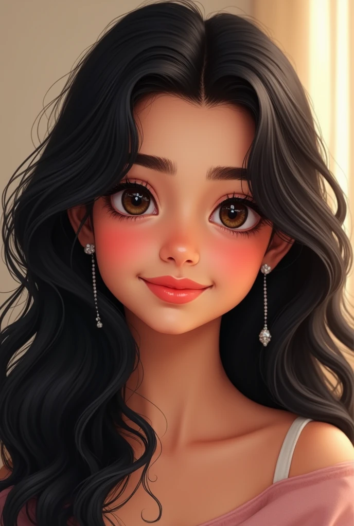 A pakistani girl
Black eyebrows, black sharp eyes, small nose, cupid pink lips, apples cheeks, almond face, black wavy hair
Looking into the camera and smiling