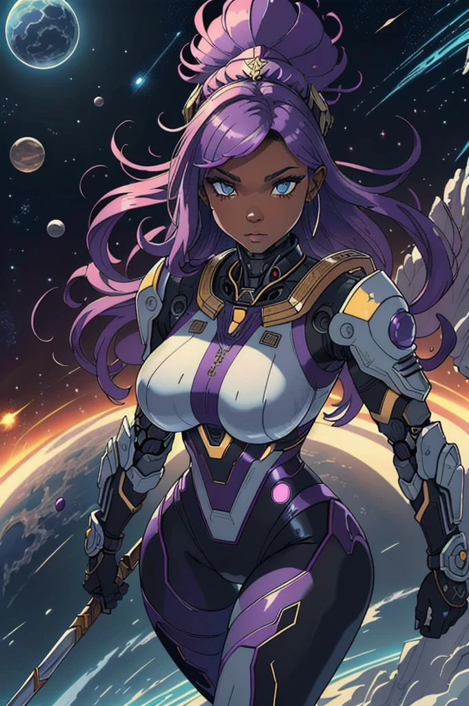 beautiful and divine queen masterpiece, top quality, best quality, official art, afro queen warrior very beautifully and gorgeous, super sexy "Athena beauty warrior goddess" and aesthetic:1.2), (1ebony intense super erotic girl in action), (fractal art:1.2), absurder's, high-res, ultra detailed, Ultra-precise depiction, Ultra-detailed depiction, solo, (zentangle:1.2), red eyes, floating purple hair (skinny, thin body: 1.2), tanned skin, shiny skin, enormous super extra big ass, enormous super extra big tits, (abstract:1.2),cbpkv5, pantyhose,looking at viewer, full best body, super sensual cyberpunk astronaut robot, complex muscular robot, halo, in a mystery, dangerous and savage planet in a sci-fi very intense combat in space battle, striking carrying and lifting a spear voluptuous and super seductive warrior goddess with classic neo retro cyber Spartan War Helm