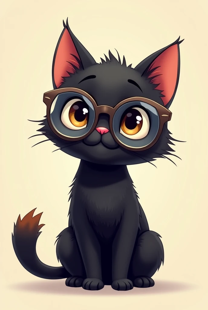 Cute Black cat with  clear glasses  and have little brown fur in tail