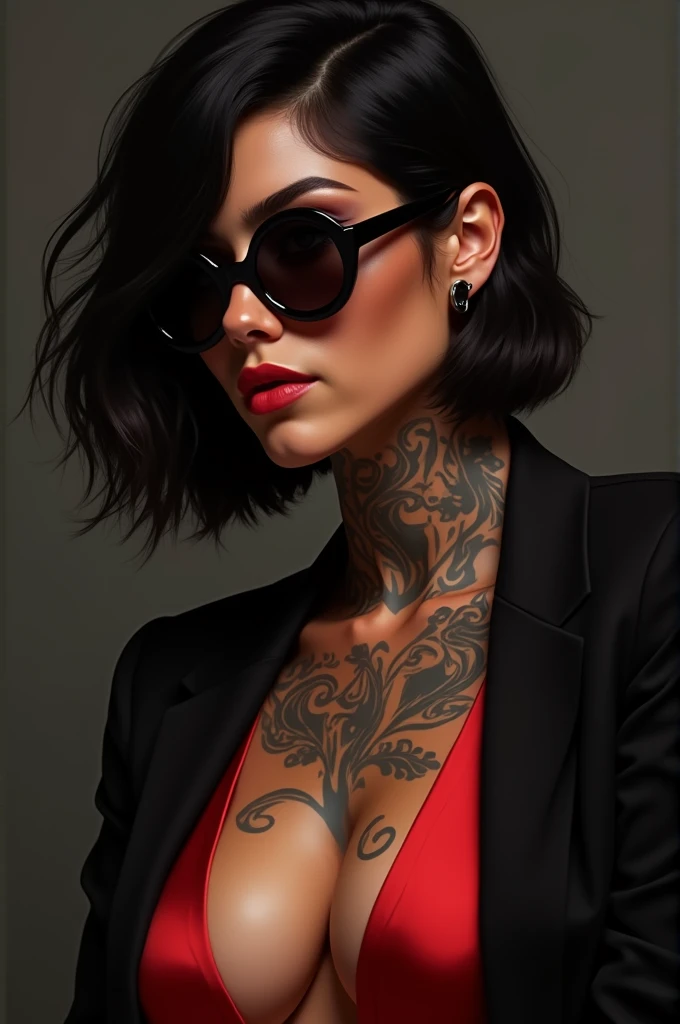 Digital art , Tan skinned woman, tattoos on neck, portrait close up slight side way ,black with red suit, black colour wolf cut, large breast size, black round sunglasses on with a mysterious look