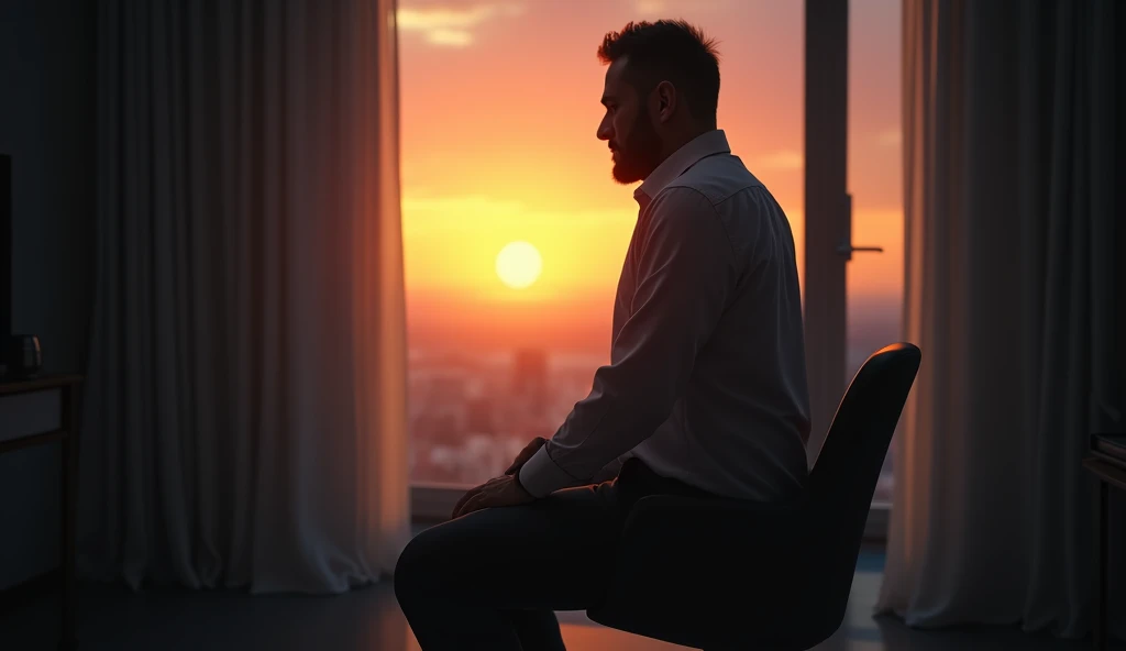 Create a realistic image where  "A man standing up from a chair in a dimly lit room, with a determined look on their face, as if ready to take on a new challenge. The background gradually lightens towards a window showing a bright sunrise, symbolizing new beginnings and renewed energy. The person’s posture is strong and confident, embodying readiness and motivation."