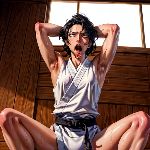 ((((masterpiece, best quality, high resolution)))), Extremely detailed 8K, 1 female, wearing a white Karate gi, (ahegao),white eyes, Small breasts,full body, kneeling, tired, (muscle:1.4), japanese clothes,  No underwear,No eyeballs, Facing the audience, looking at the audience, tired, from below, (Exposed armpit:1.1), ((armpit:1.2)), sexy, Sweating, More and more sweat,(ahegao), (Roll your eyes),  open mouth, Sticking out tongue, saliva, Slobber,Skinny, raise arms, (arms above head:1.5)(Ultra HD, Ultra-detailed, Highly detailed, Highly realistic, Ultra-realistic, photograph realistic), (1girl:1.5), (Realistic black hair), (dynamic poses), facing at camera, looking at viewer, (slightly serious face), (perky breasts:1.2), (beautiful detailed face, beautiful detailed eyes), ((worn out karate gi)), (preparing for a fight), sweat, glow, (sunbeam, sunlight), ((cowboy shot)), inside a training gym, seductive, EnvyBetterHands LoCon,