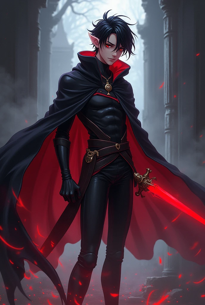 Generate an anime-style character with shadow powers, Youngh, naughty man, wears a cape and a dagger with a red aura, dark eyes, has a physique with shape, He has , and he is Half-Elf, Human Elf, with small elf ears, with red highlights in her hair, male character