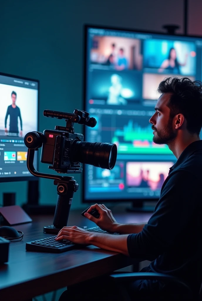 La caméra sur un stabilisateur, que tout la caméra et les stabilisateurs soient visibles sur l'image
Avec des images et de logos de Photoshop, After effect et Première pro dans le fond avec des outils de Photoshop primer pro et After effet
Dans le fond une personne qui travaille sur un logiciel de montage sur un écran large