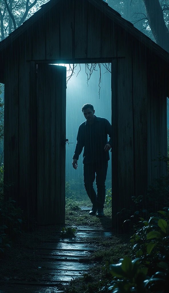 Man opens door of abandoned wooden house in the woods in the middle of the night while it is raining