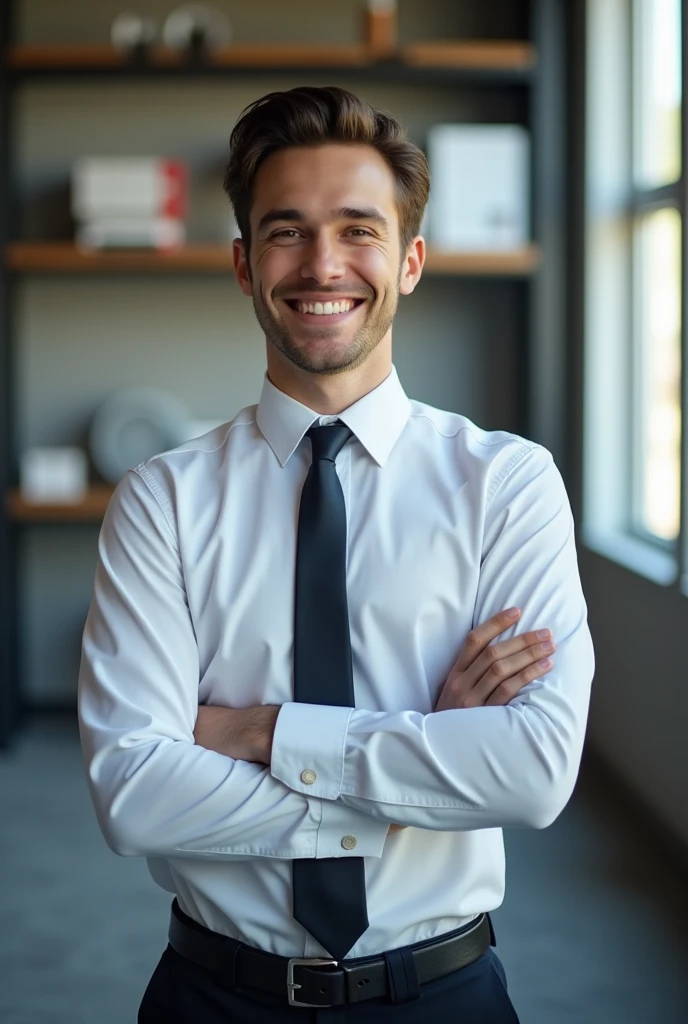 Boy in his 20s, an electrical engineering intern, smiling and wearing formal clothing